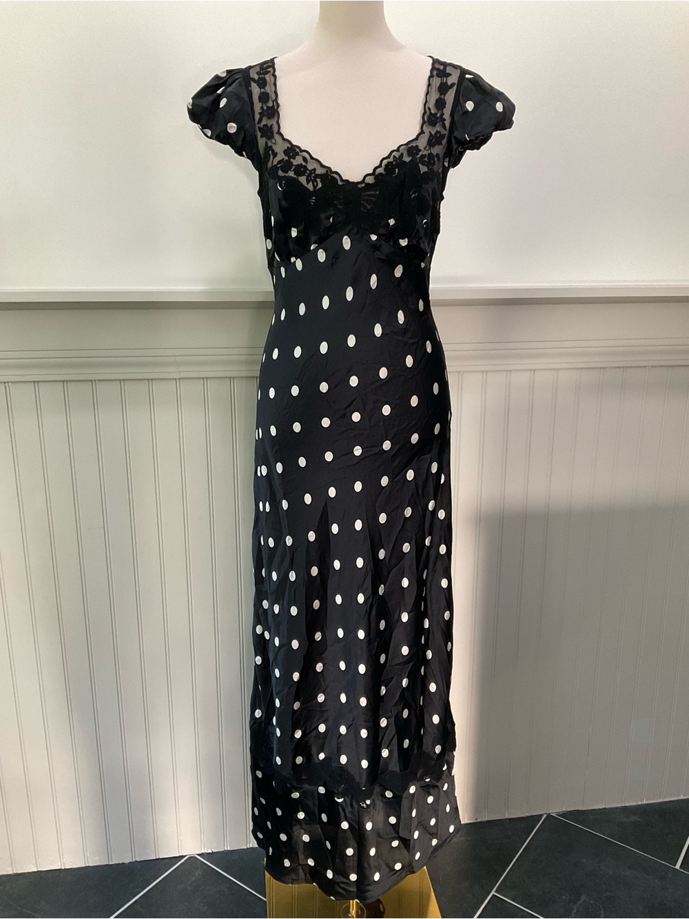 Free People Black Polka Dot Satin Lace Maxi Dress Open Back M NWT - Picture 3 of 6